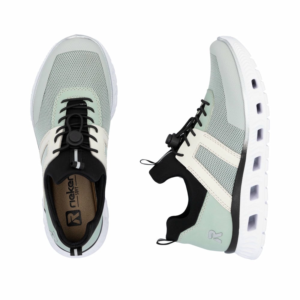 Baskets basses Rieker vertes végétaliennes pour femme M6061-52. Chaussure vue de dessus, couchée.