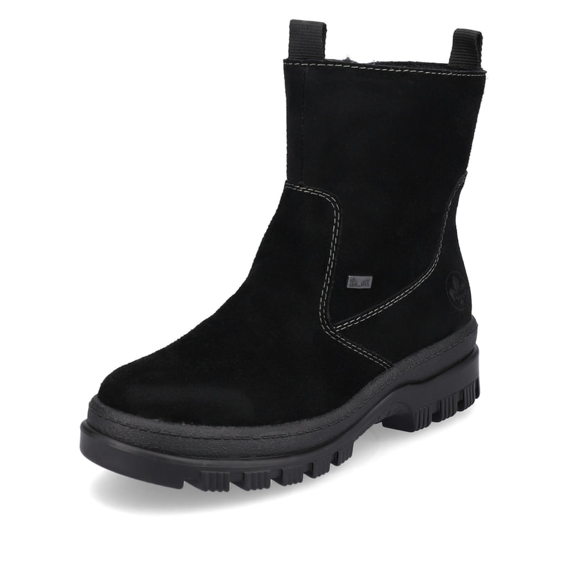 Tiefschwarze Rieker Damen Kurzstiefel X8250-00 mit Flip-Grip Sohle. Schuh seitlich schräg.