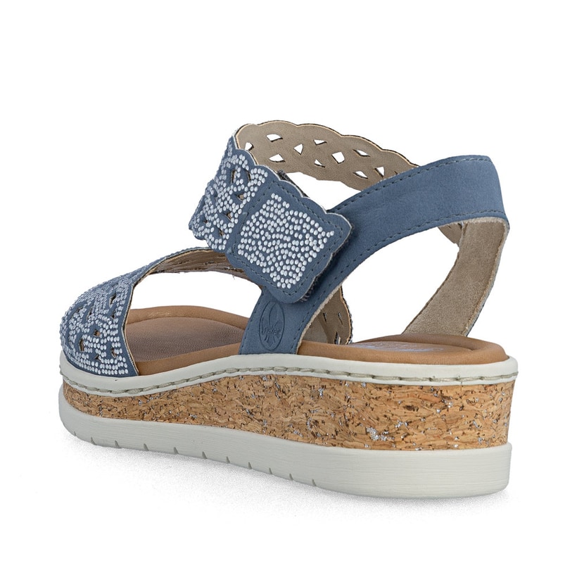 Blaue Rieker Damen Riemchensandalen V4150-14 mit Strasssteinen sowie Gummizug. Schuh von hinten.
