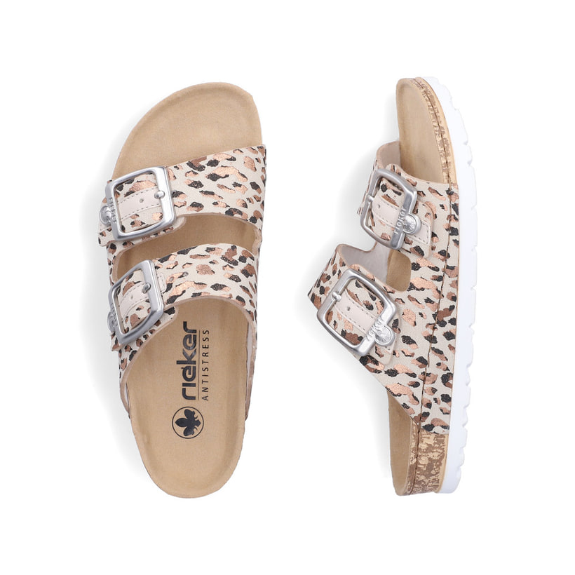 Mules Rieker beiges pour femme 69850-61 avec imprimé animal à la mode. Chaussure vue de dessus, couchée.