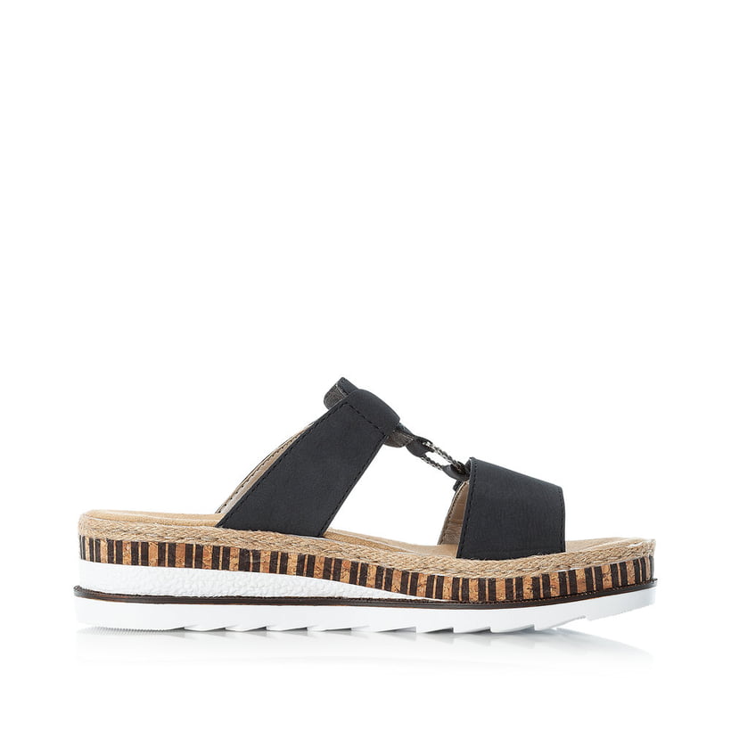 Dunkelblaue Rieker Damen Pantoletten V79N2-14 mit handgestickten Nähten. Schuh Innenseite.