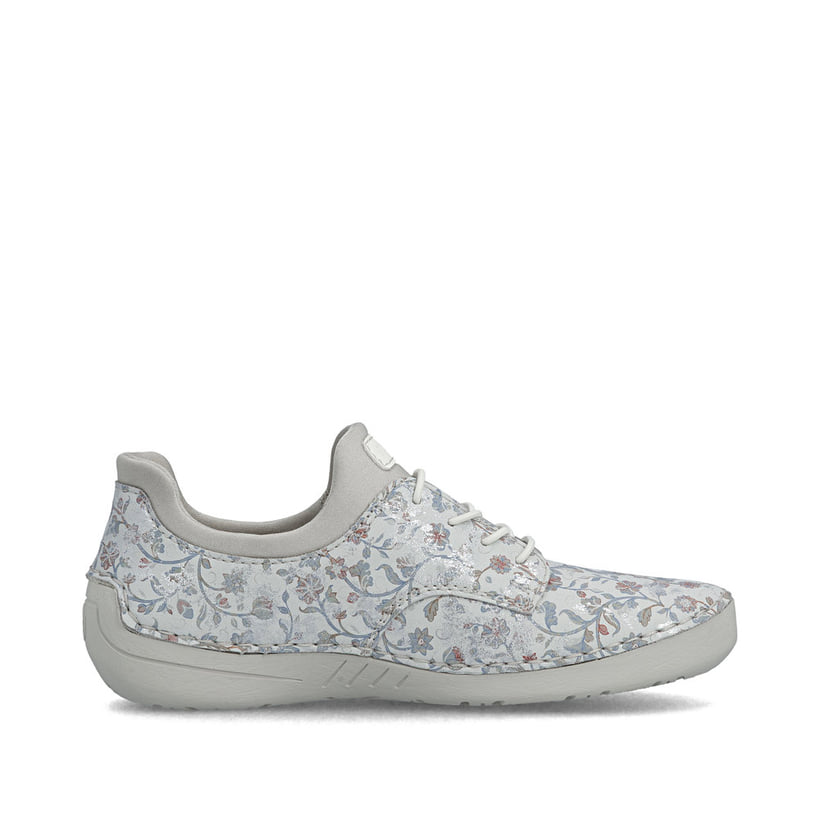 Mehrfarbige Rieker Damen Slipper 52575-90 mit floralem Muster sowie Gummizug. Schuh Innenseite.