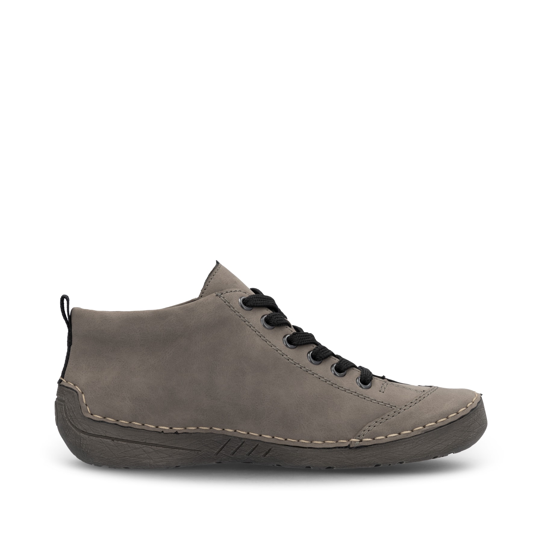 Graue Rieker Damen Schnürstiefel 52514-42 mit auffälligem Logo. Schuh Innenseite.