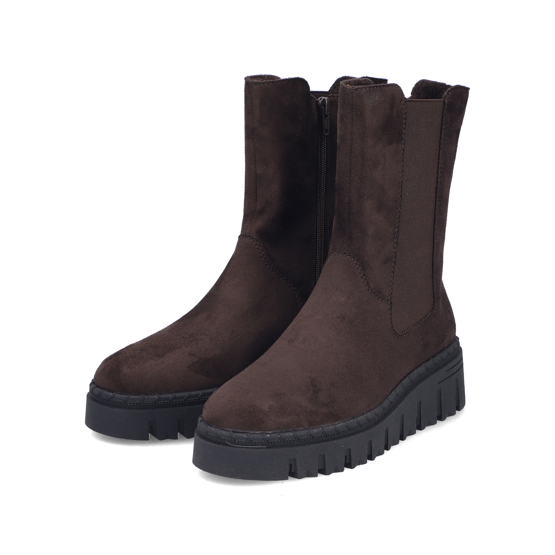 Dunkelbraune Rieker Damen Chelsea Boots Z8983-25 mit einem Reißverschluss. Schuhpaar seitlich schräg.