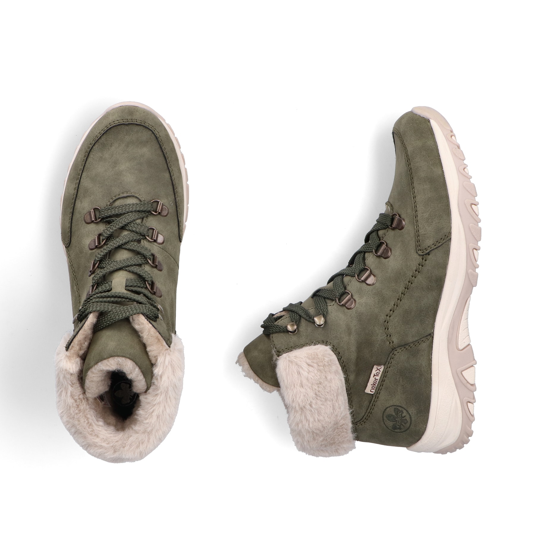 Grüne Rieker Damen Schnürstiefel M9610-54 mit wasserabweisender TEX-Membran. Schuh von oben, liegend.