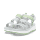 Mehrfarbige Rieker Damen Riemchensandalen W3052-91 mit einem Klettverschluss. Schuhpaar seitlich schräg.
