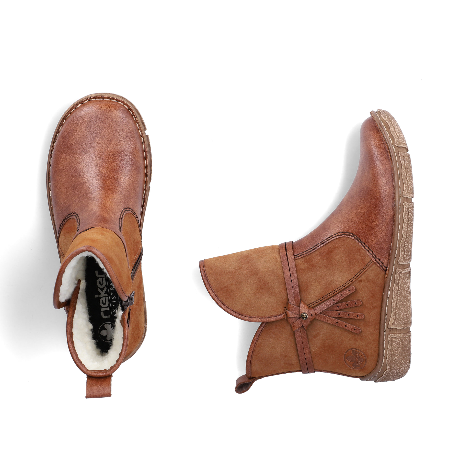 Hellbraune Rieker Damen Kurzstiefel Z3772-22 mit modischer Kordel. Schuh von oben, liegend.