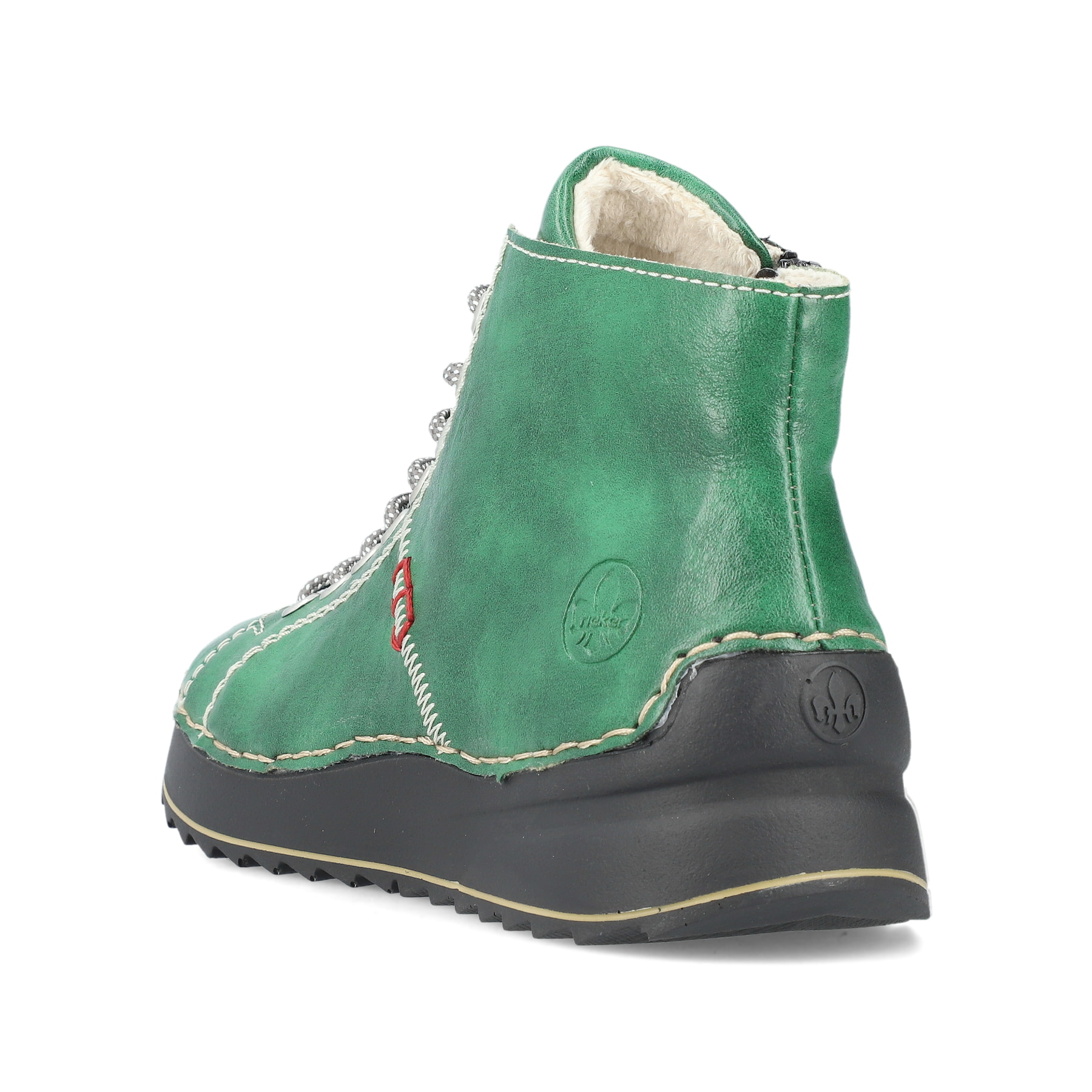Smaragdgrüne Rieker Damen Schnürschuhe 71510-52 mit Schnürung und Reißverschluss. Schuh von hinten