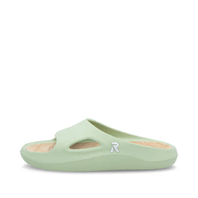Grüne Rieker Damen Pantoletten W3350-52 mit flexibler und ultraleichter Sohle. Schuh Außenseite.