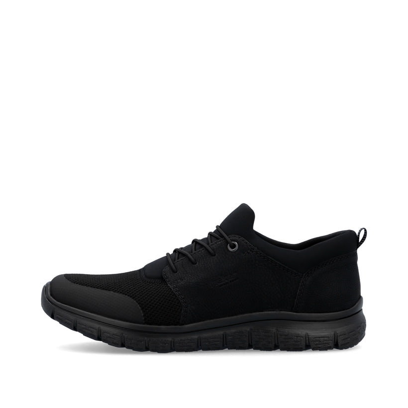Schwarze Rieker Herren Slipper B6650-00 mit Gummizug sowie Komfortweite G 1/2. Schuh Außenseite.