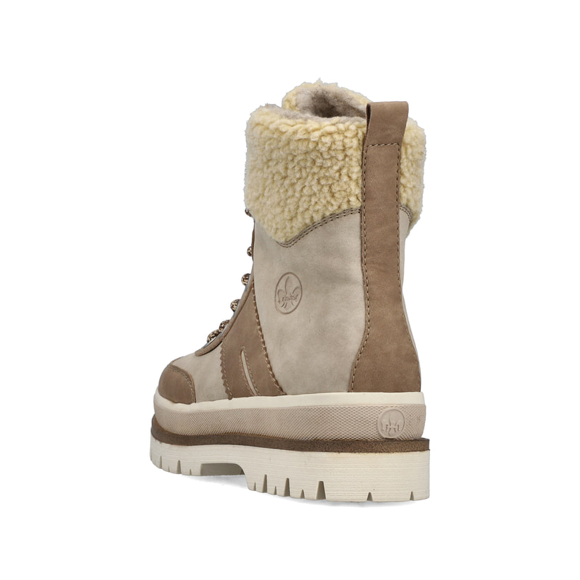 Beige Rieker Damen Schnürstiefel Y6230-62 mit Schaftkragen sowie Reißverschluss. Schuh von hinten.