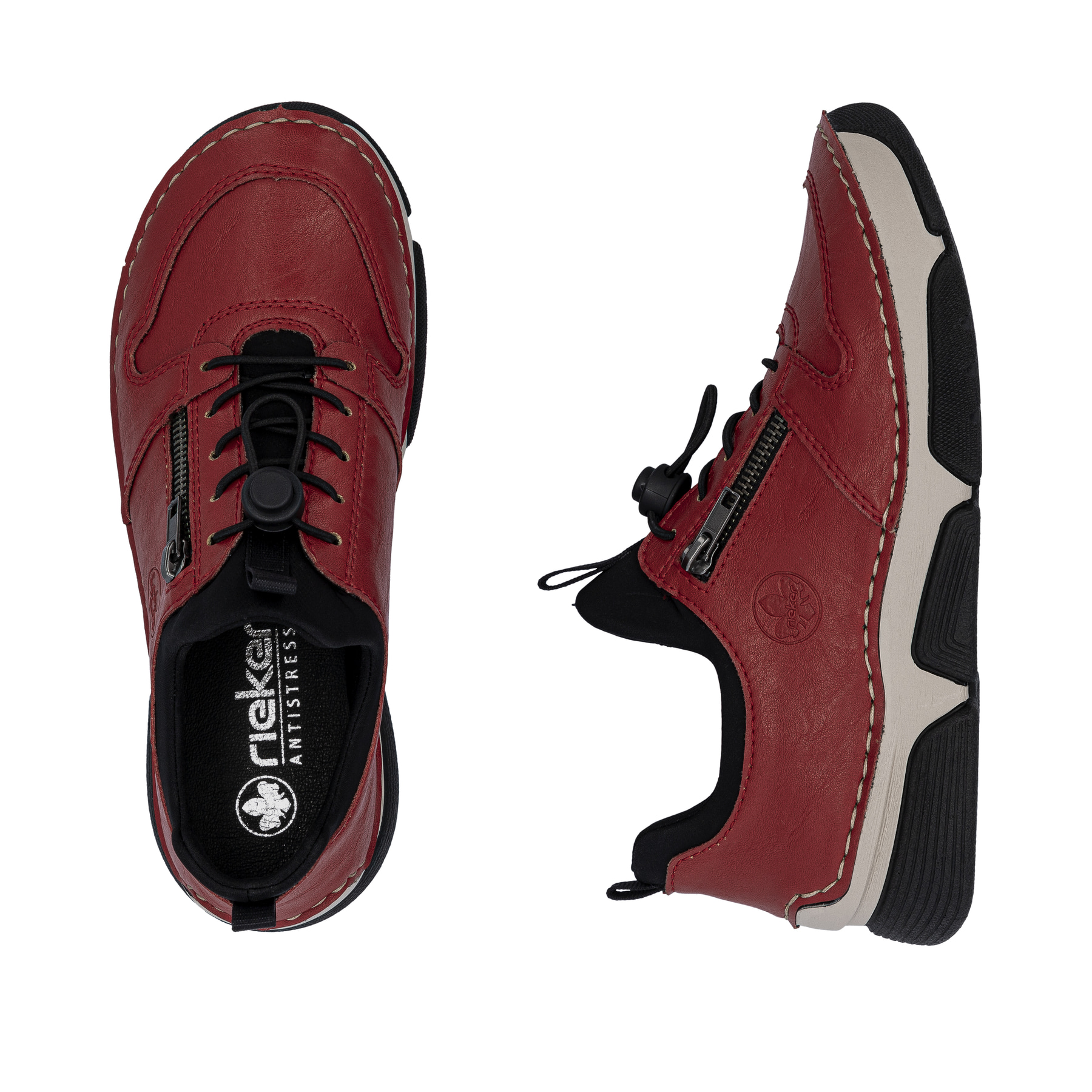 Chaussons Rieker rouges pour femme 45951-33 avec laçage en caoutchouc. Chaussure vue de dessus, couchée.