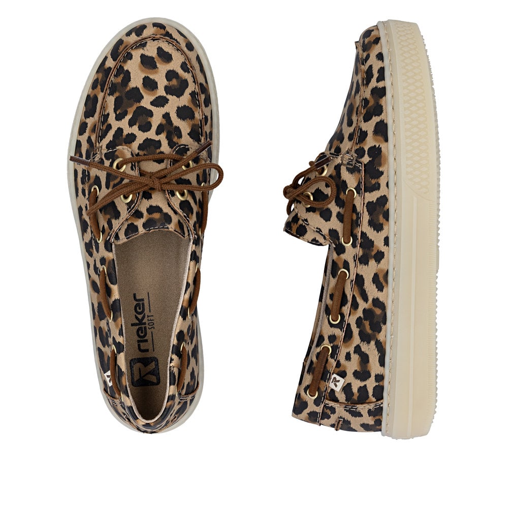 Mehrfarbige Rieker Damen Schnürschuhe L5905-91 mit angesagtem Animal-Print. Schuh von oben, liegend.