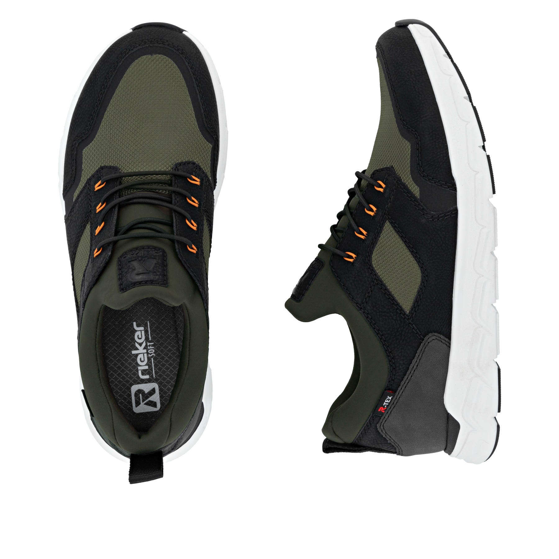 Grüne Rieker Herren Sneaker Low 09102-55 mit wasserabweisender RiekerTEX-Membran. Schuh von oben, liegend.