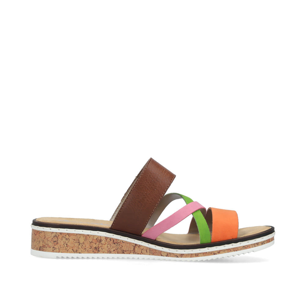 Mehrfarbige Rieker Damen Pantoletten V3652-96 mit einem Klettverschluss. Schuh Innenseite.