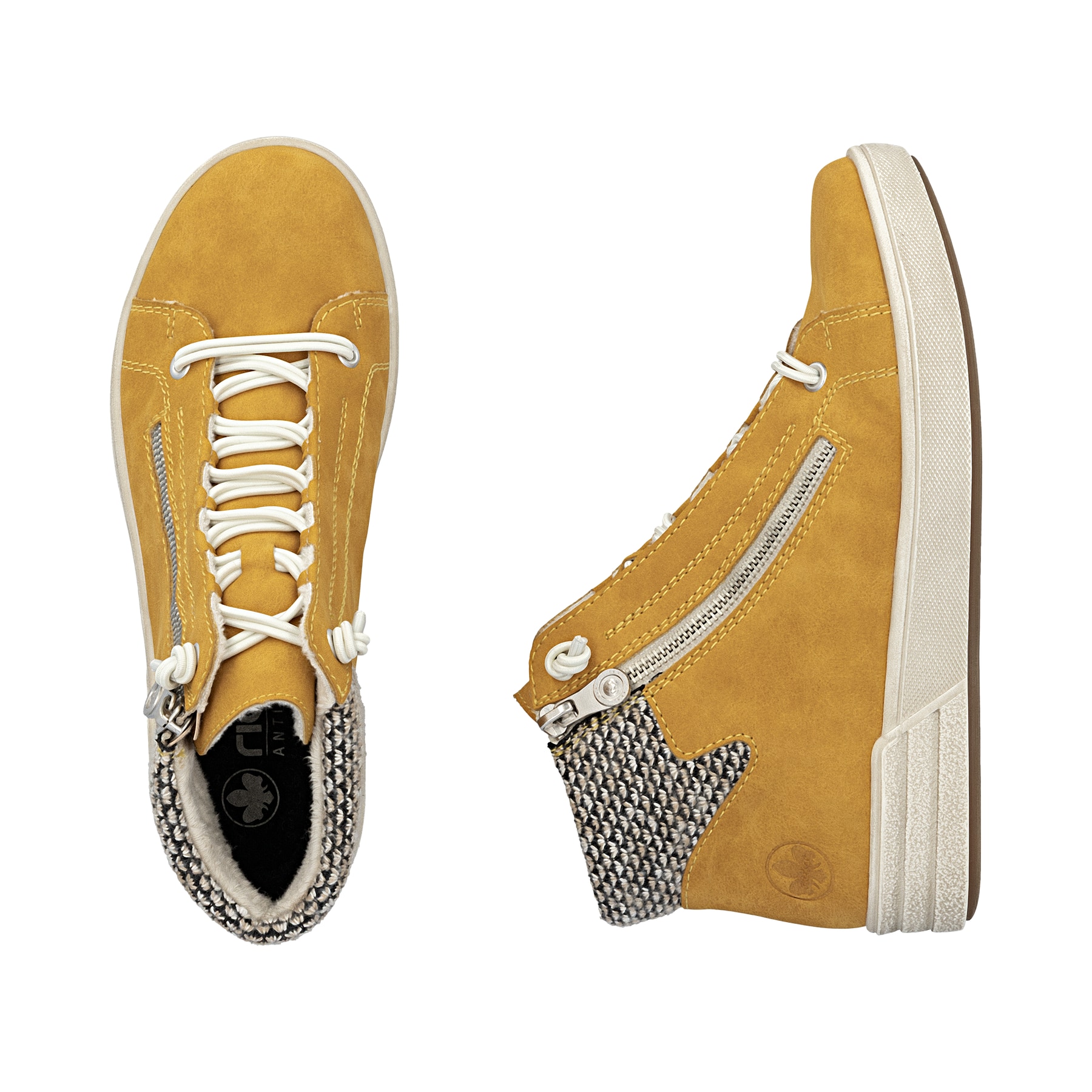 Gelbe Rieker Damen Kurzstiefel X0750-68 mit Reißverschluss sowie Komfortweite G. Schuh von oben, liegend.