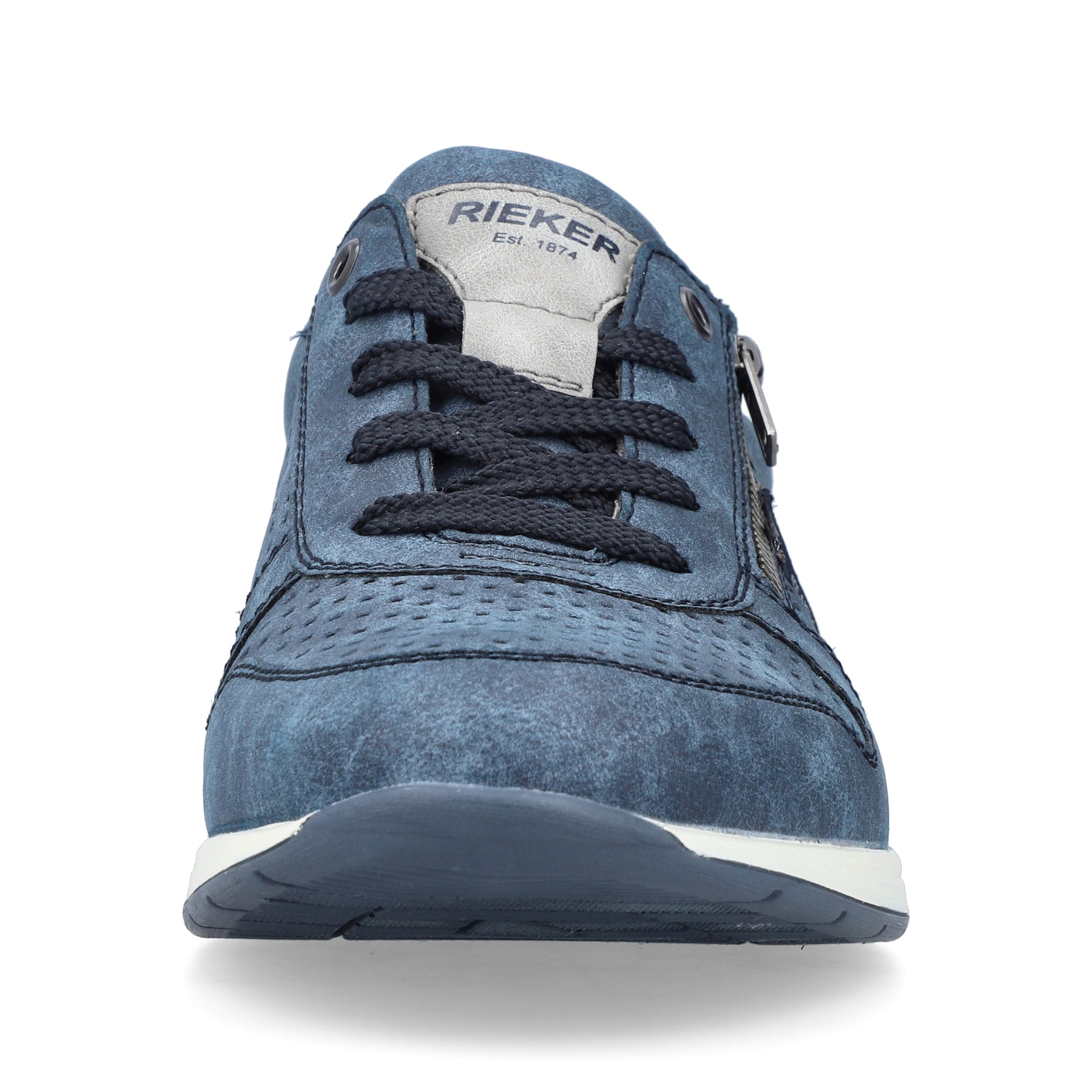 Blaue Rieker Herren Schnürschuhe 11926-14 mit Reißverschluss sowie Löcheroptik. Schuh von vorne.