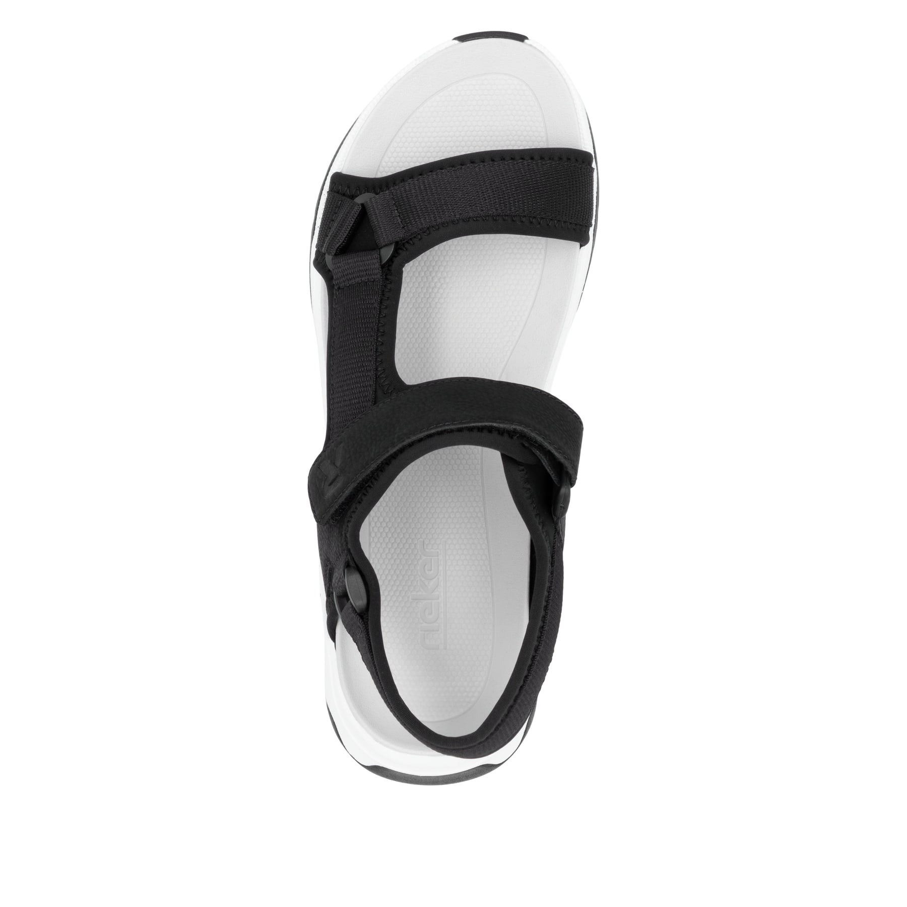 Schwarze vegane Rieker Damen Trekkingsandalen W3151-01 mit einem Klettverschluss. Schuh von oben.