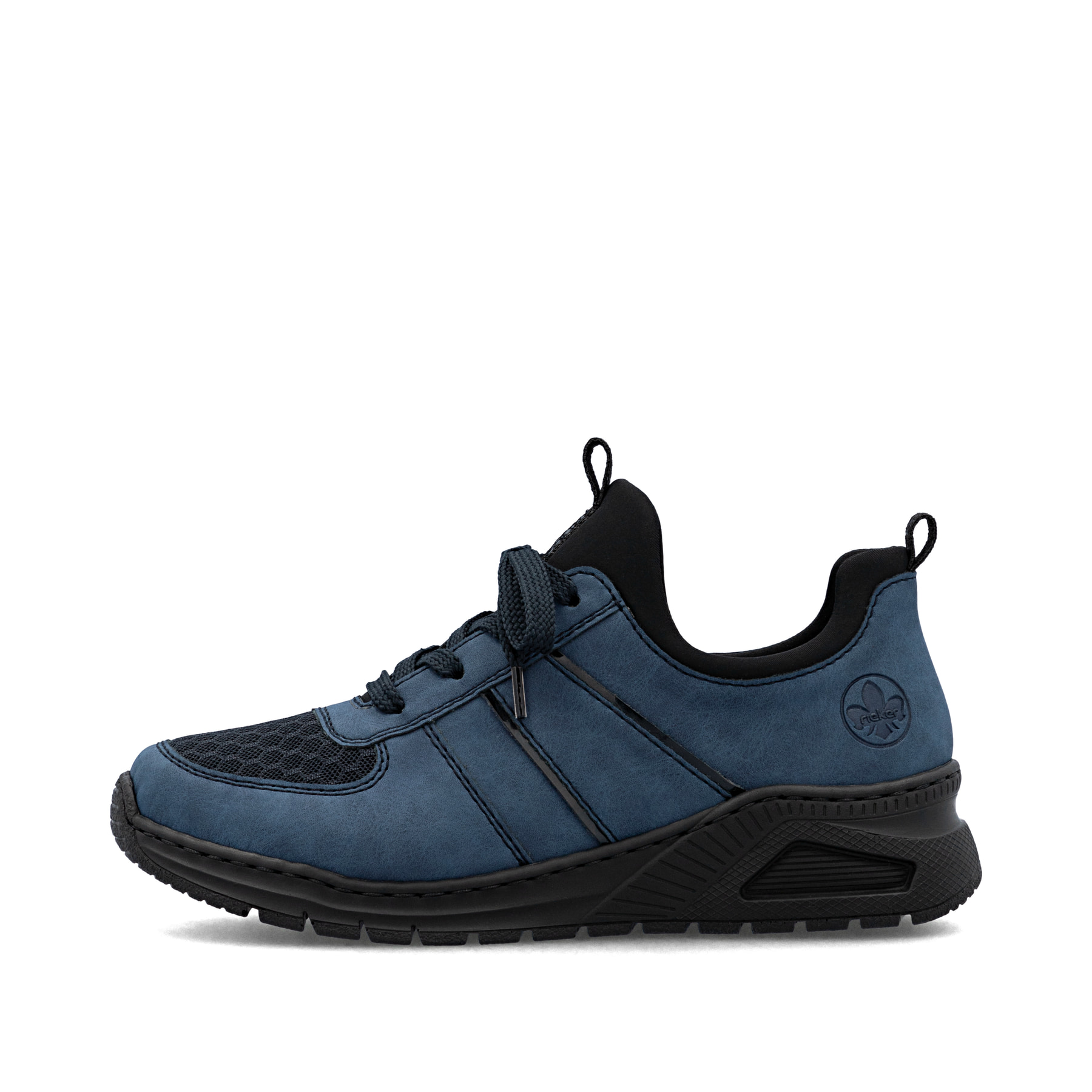 Mocassins Rieker bleus pour femme M4970-14 avec bande élastique. Côté extérieur de la chaussure.