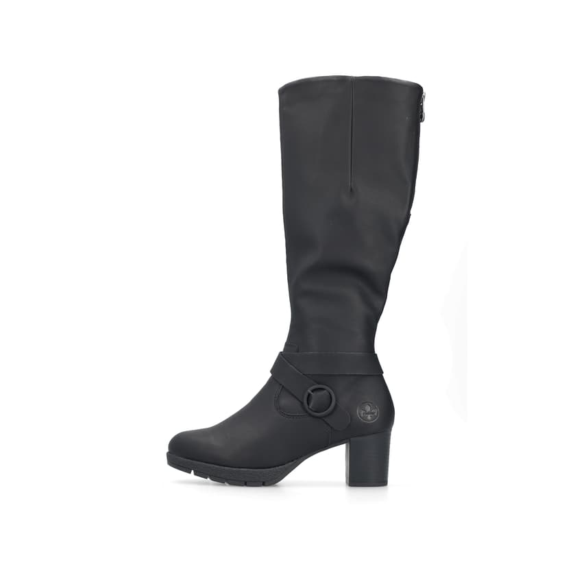 Schwarze Rieker Damen Hochschaftstiefel 77690-00 mit einem Reißverschluss. Schuh Außenseite.