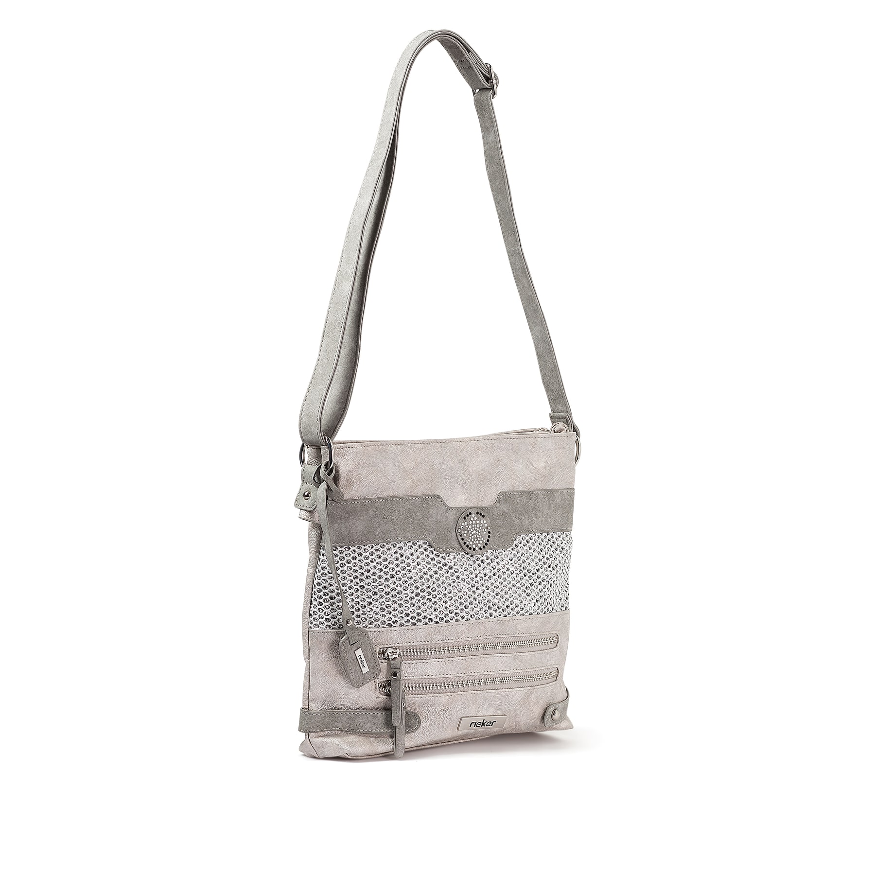 Sac à bandoulière Rieker H1346-40 gris-combi avec des pierres précieuses et des compartiments pratiques à l'intérieur et à l'extérieur. Côté droit.