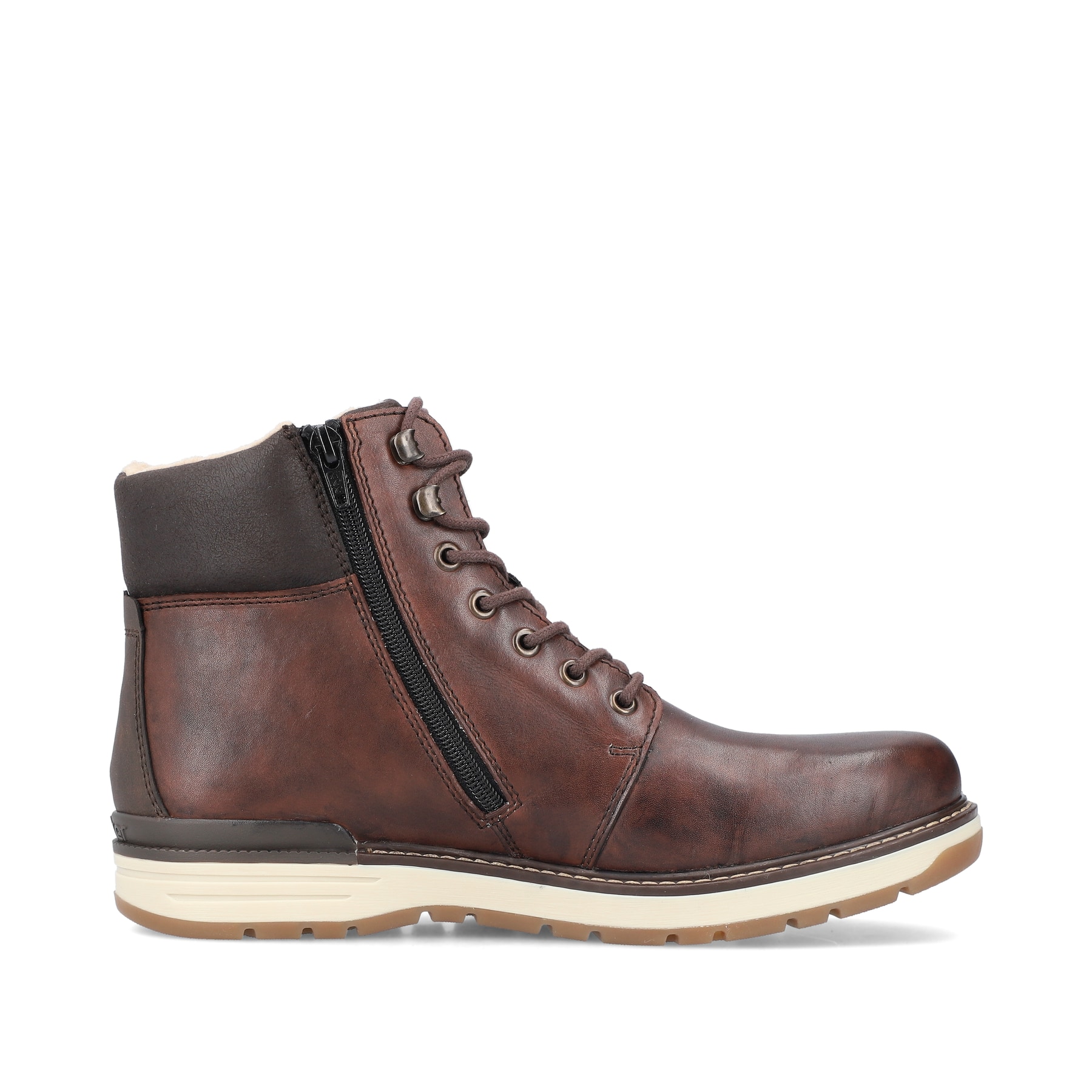 Nussbraune Rieker Herren Schnürstiefel 39430-25 mit Schnürung und Reißverschluss. Schuh Innenseite