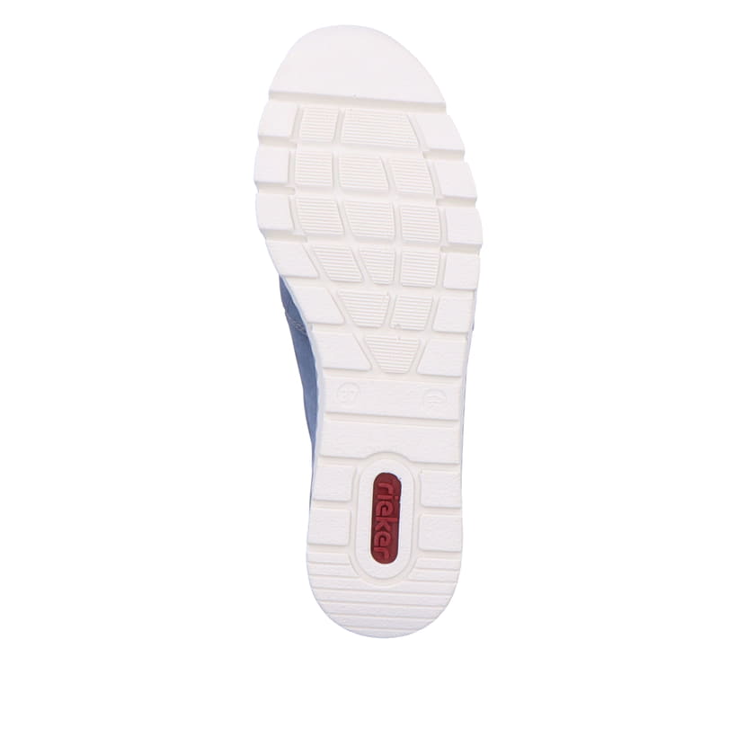 Blaue Rieker Damen Slipper N3363-10 mit Elastikeinsatz sowie schmaler Passform E. Schuh Laufsohle.
