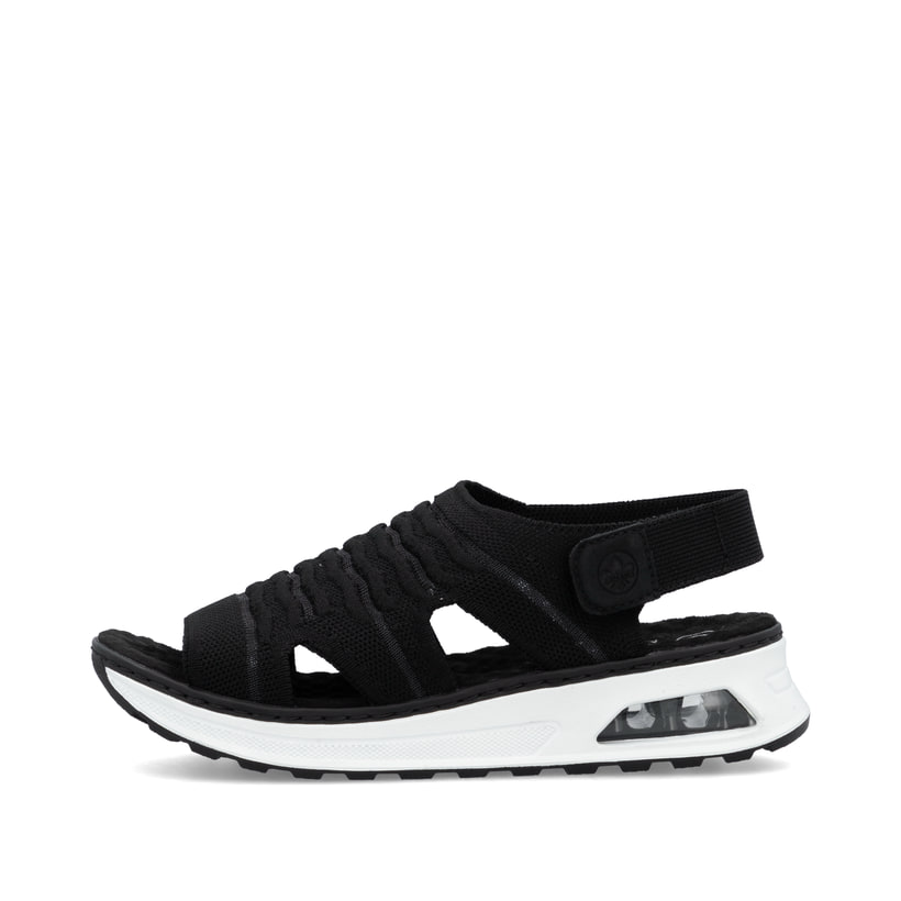 Schwarze Rieker Damen Riemchensandalen 65662-00 mit Rieker Air Sohlenfenster. Schuh Außenseite.