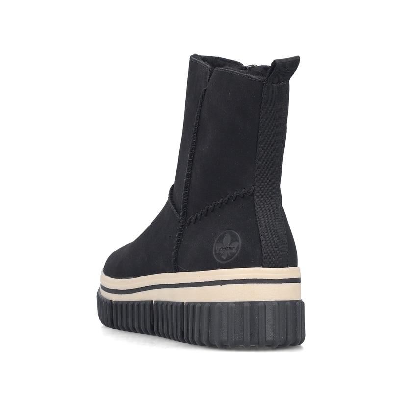 Schwarze Rieker Damen Kurzstiefel Y6364-00 mit einem Reißverschluss. Schuh von hinten.
