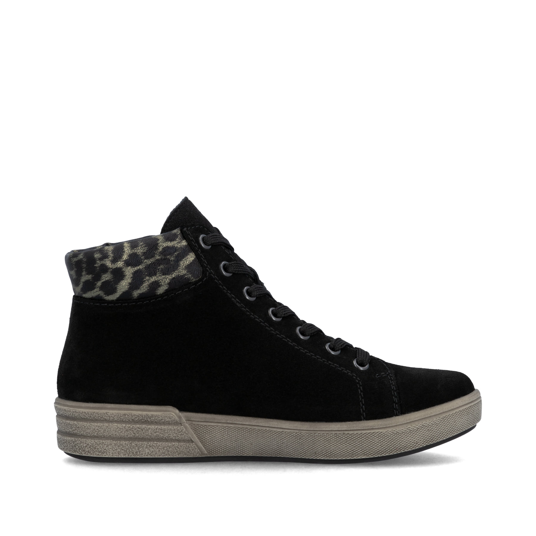 Schwarze Rieker Damen Sneaker High X0709-00 aus Rauleder mit Leo-Print. Schuh Innenseite.