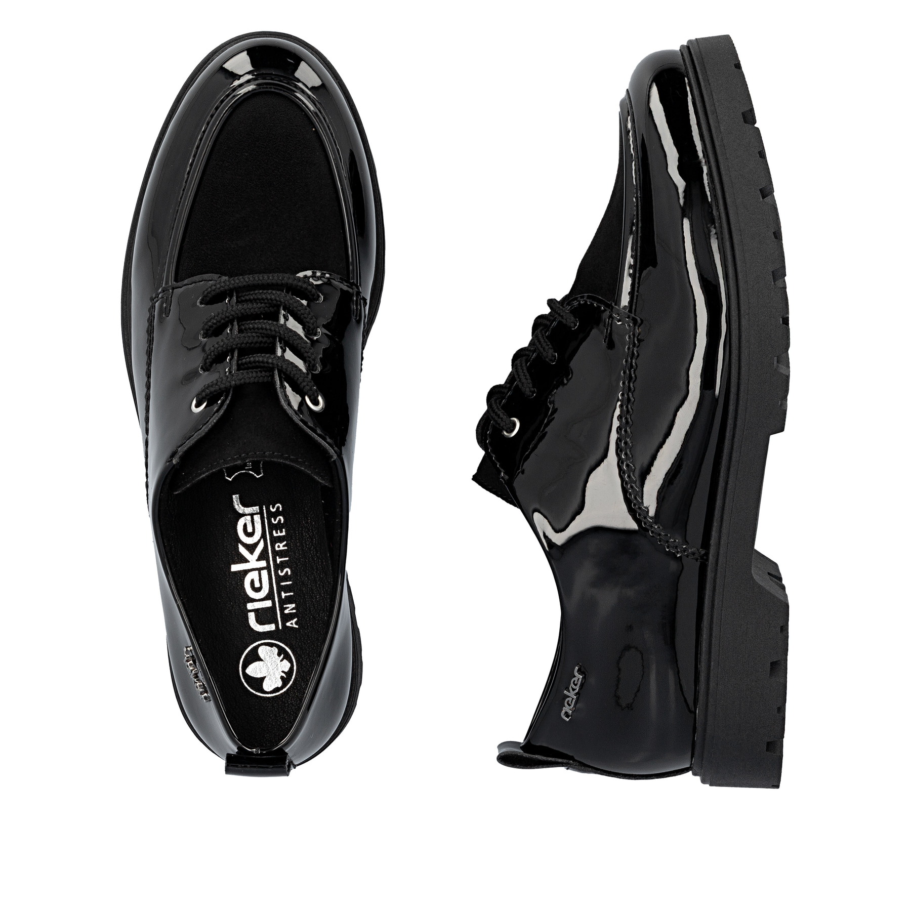 Chaussures à lacets Rieker noires pour femme 45500-00. Chaussure vue de dessus, couchée.