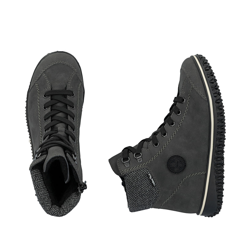 Graue Rieker Damen Schnürstiefel Z4251-45 mit wasserabweisender TEX-Membran. Schuh von oben, liegend.