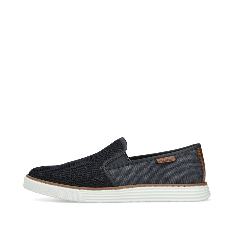 Blaue Rieker Herren Slipper B2265-14 mit einem Gummizug sowie Komfortweite G 1/2. Schuh Außenseite.