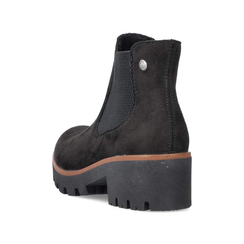 Graphitschwarze Rieker Damen Chelsea Boots 79265-00 mit einer leichten Profilsohle. Schuh von hinten
