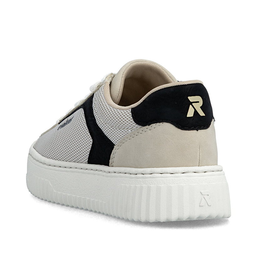 Beigeschwarze Rieker Damen Sneaker Low N9900-60 mit einem Reißverschluss. Schuh von hinten.