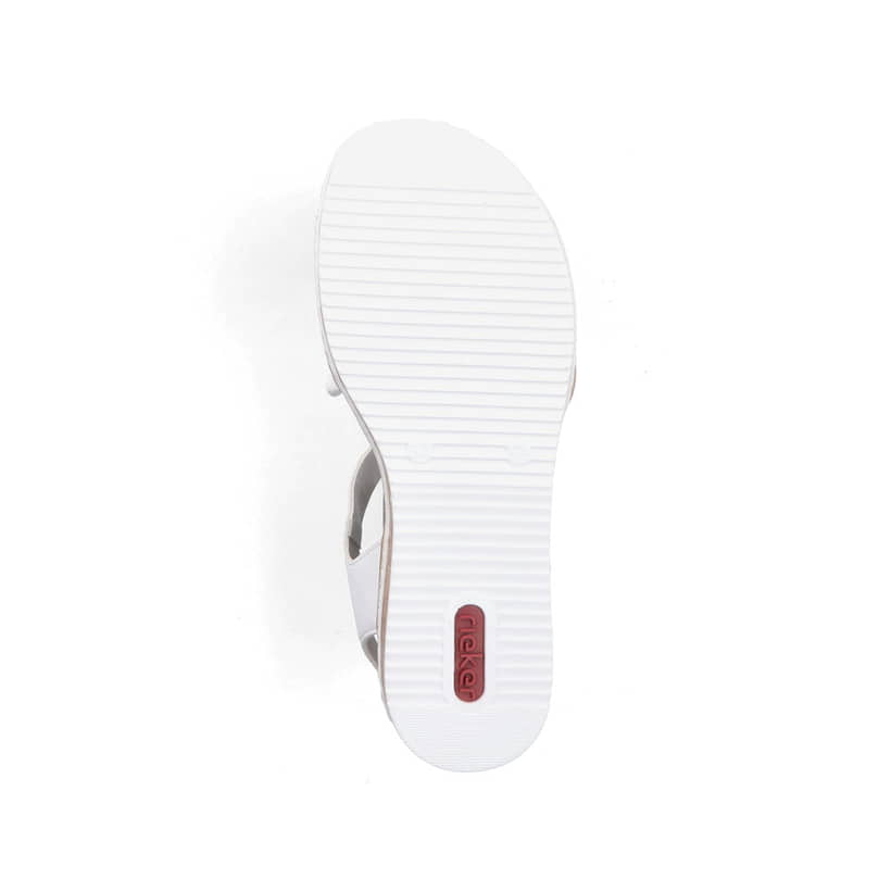 Weiße Rieker Keilsandaletten V3691-80 mit trendiger Schnalle. Schuh Laufsohle.