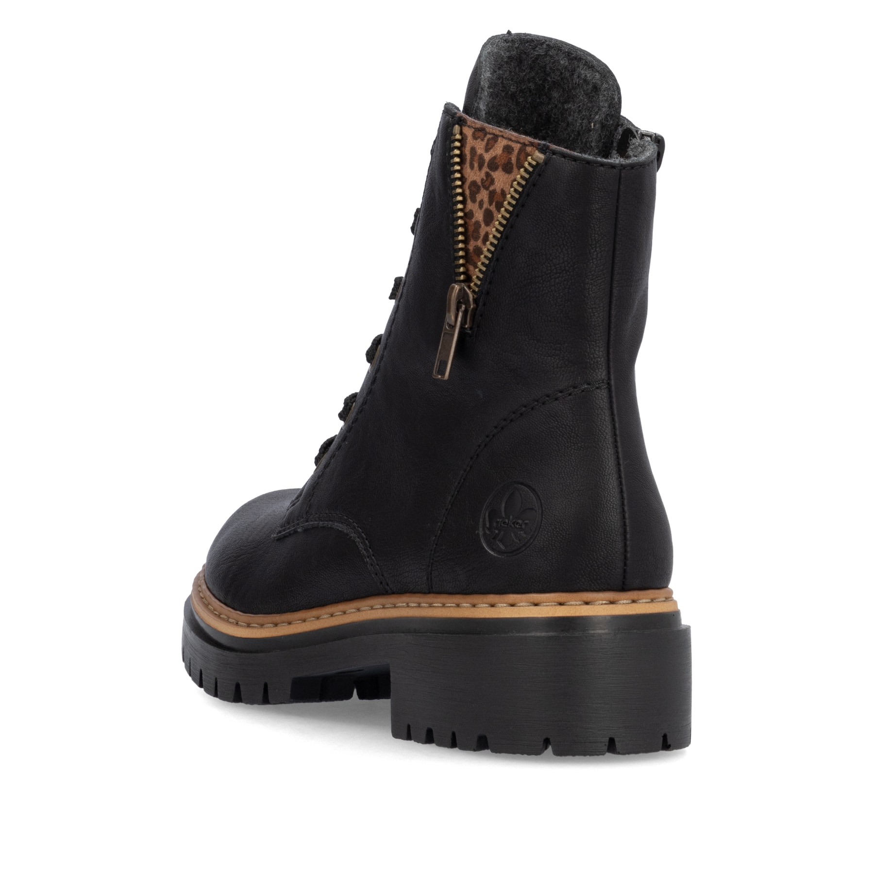 Biker Boots Rieker noires pour femme 72617-00 avec imprimé léopard. Chaussure vue de dessus.
