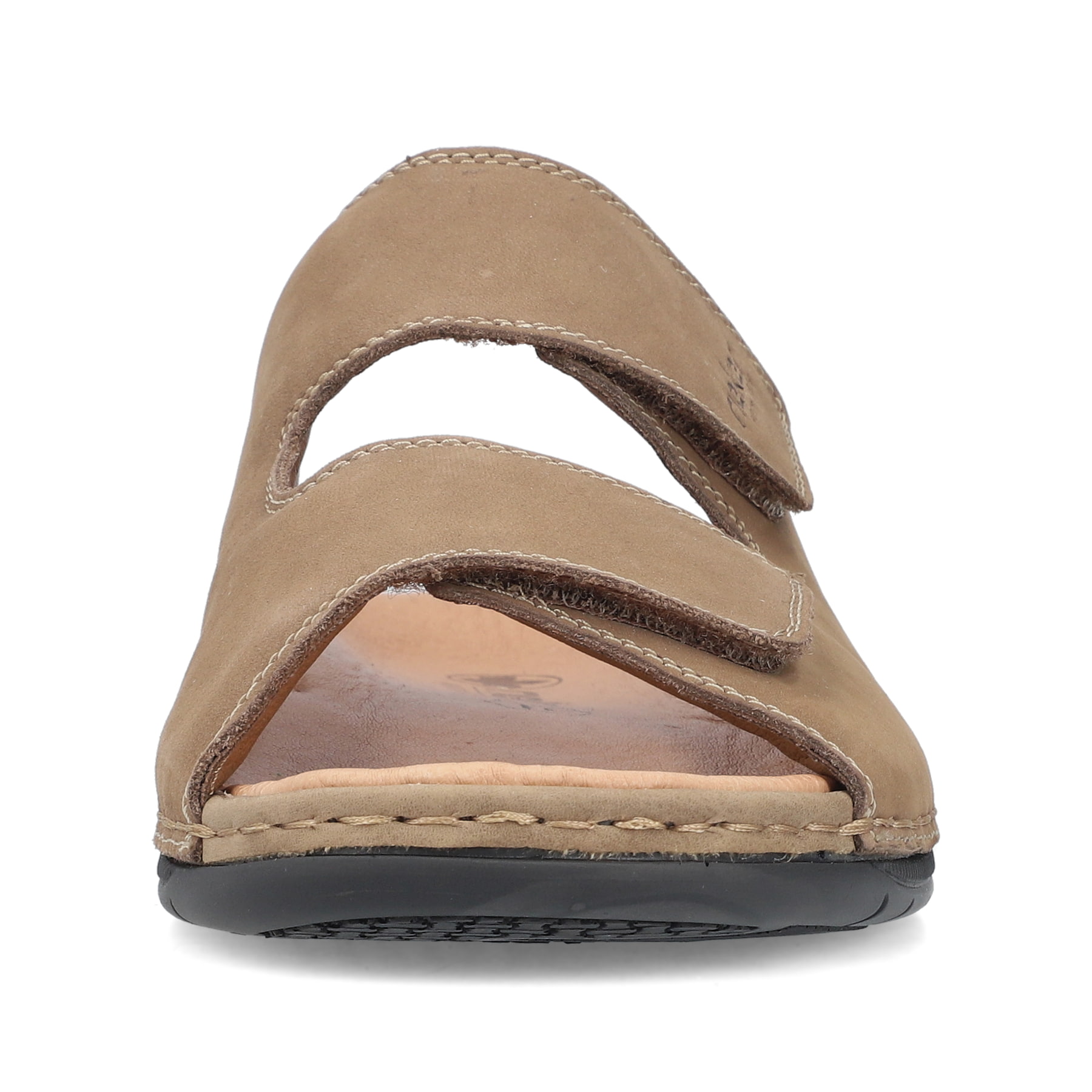 Champagnerfarbene Rieker Herren Pantoletten 25594-25 mit einem Klettverschluss. Schuh von vorne.