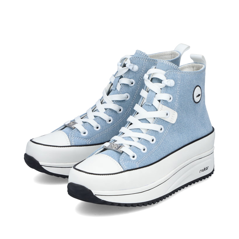 Blaue vegane Rieker Damen Sneaker High 90010-10 mit einem Reißverschluss. Schuhpaar seitlich schräg.