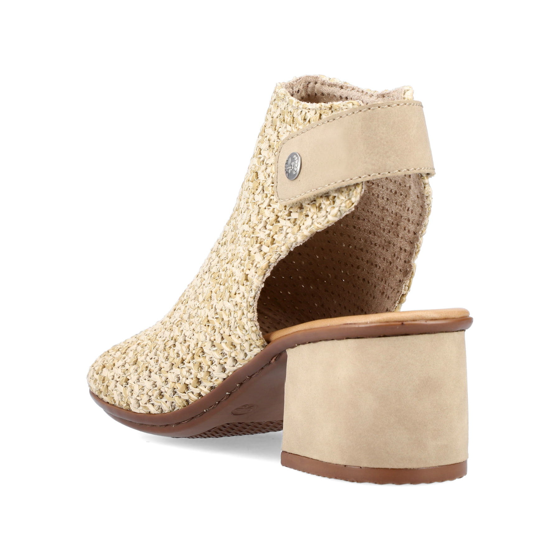 Beige Rieker Riemchensandaletten 64670-60 mit einem Klettverschluss. Schuh von hinten.