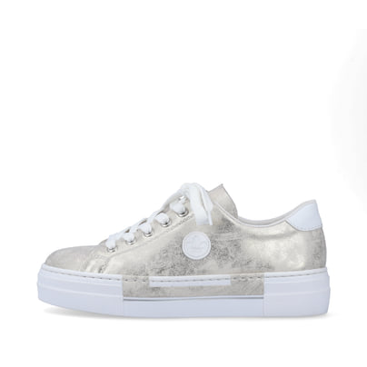 Metallische Rieker Damen Sneaker Low N49W1-90 mit Schnürung sowie geprägtem Logo. Schuh Außenseite.