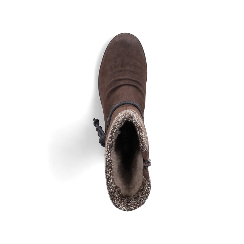 Dunkelbraune Rieker Damen Hochschaftstiefel Z4755-25 mit Strick-Kragen. Schuh von oben.