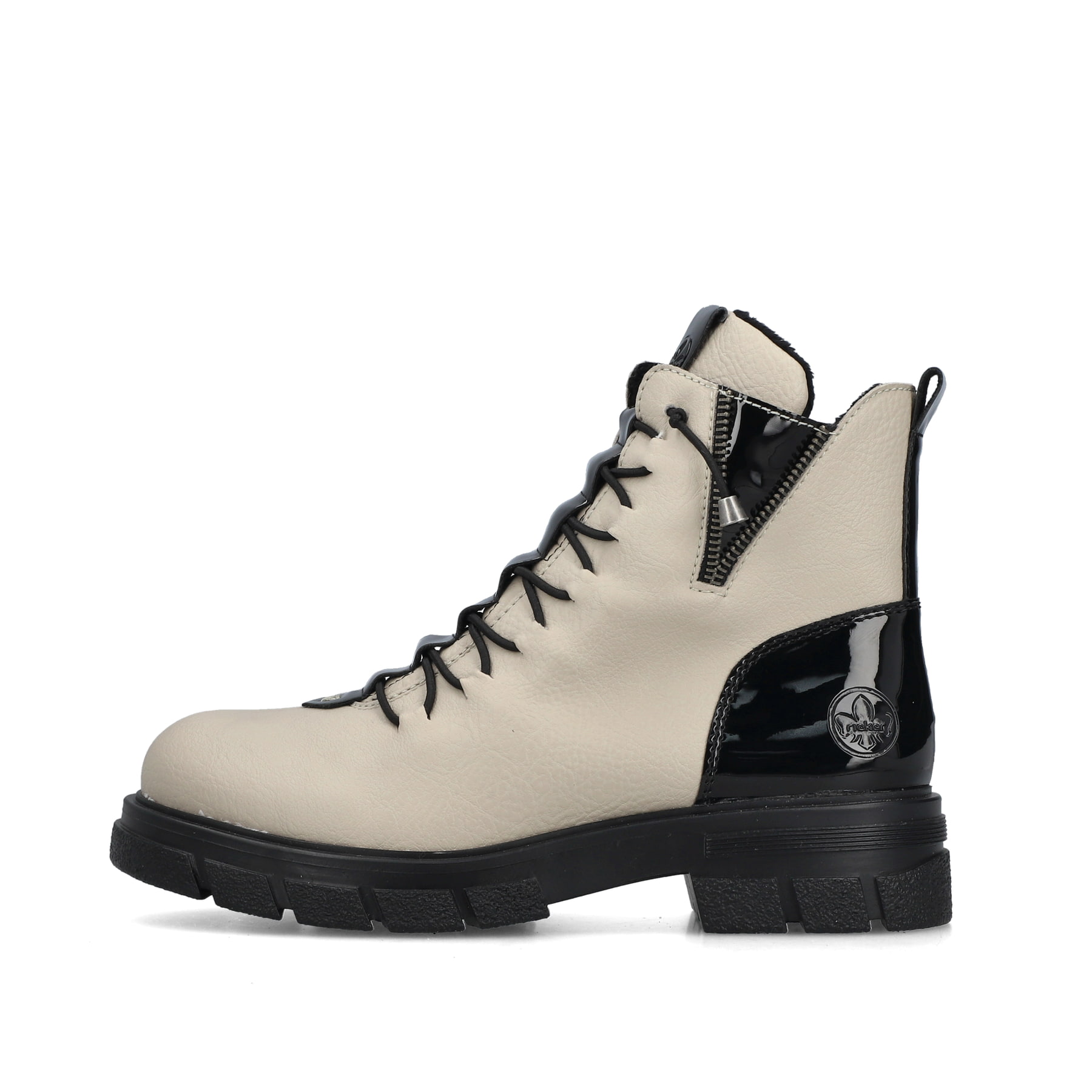 Beigeschwarze Rieker Damen Biker Boots Z9152-60 mit einem Reißverschluss. Schuh Außenseite.