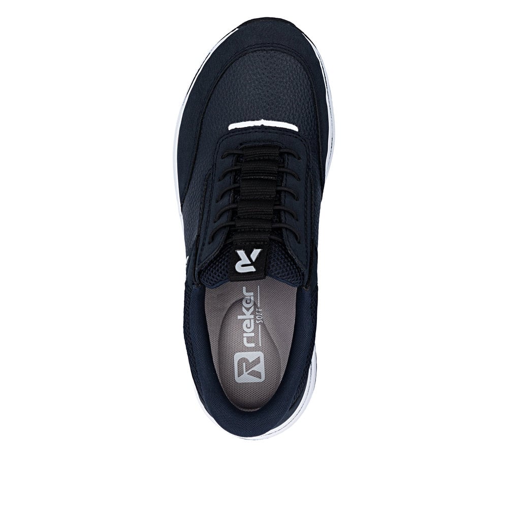 Blaue Rieker Damen Slipper L5850-14 mit Ready2GO easy in Funktion sowie Gummizug. Schuh von oben.