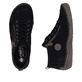 Schwarze Rieker Damen Schnürstiefel 52514-00 mit auffälligem Logo. Schuh von oben, liegend.