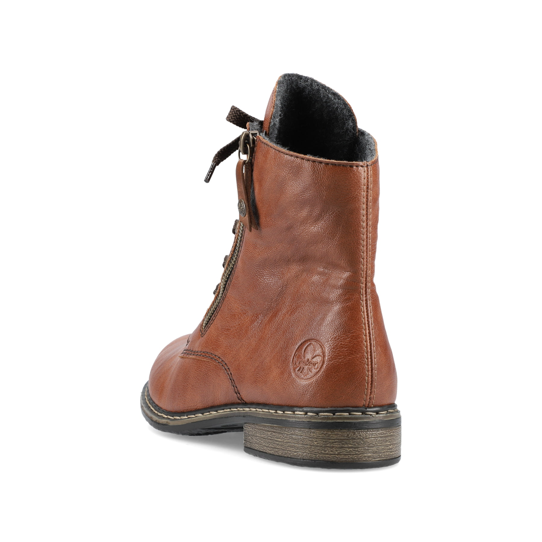 Kastanienbraune Rieker Damen Schnürstiefel 71204-22 mit einem Reißverschluss. Schuh von hinten.