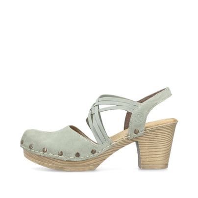 Grüne Rieker Riemchensandaletten 66778-52 mit einem Gummizug. Schuh Außenseite.