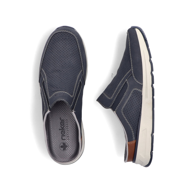 Sabots Rieker bleus pour homme B0760-14 avec bande élastique. Chaussure vue de dessus, couchée.
