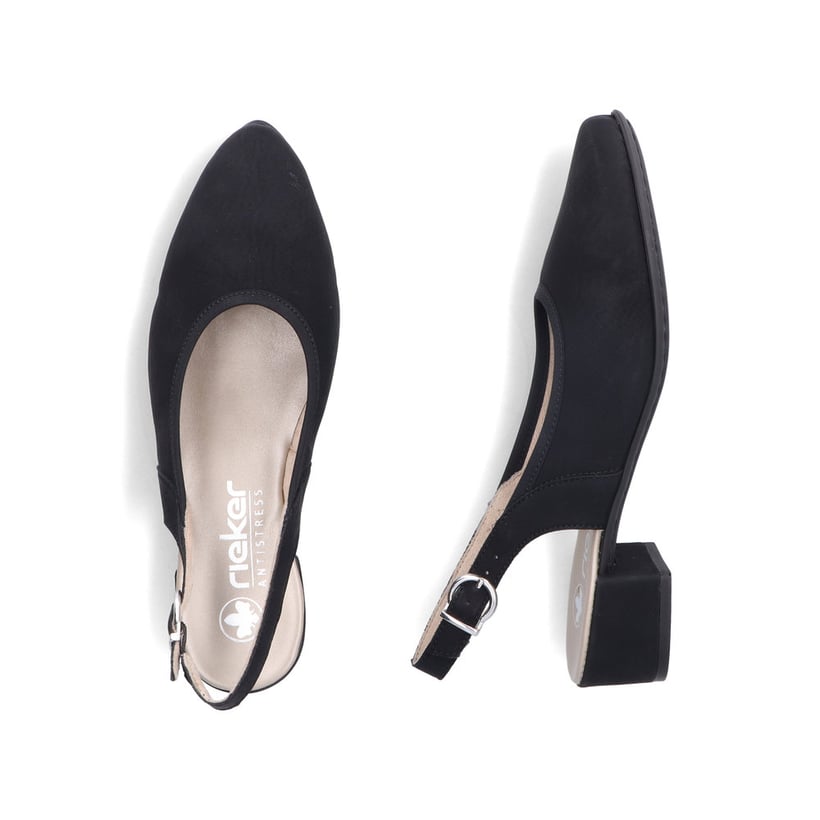Escarpins Ã  bride Rieker noirs pour femme 47060-00 avec boucle. Chaussure vue de dessus, couchée.
