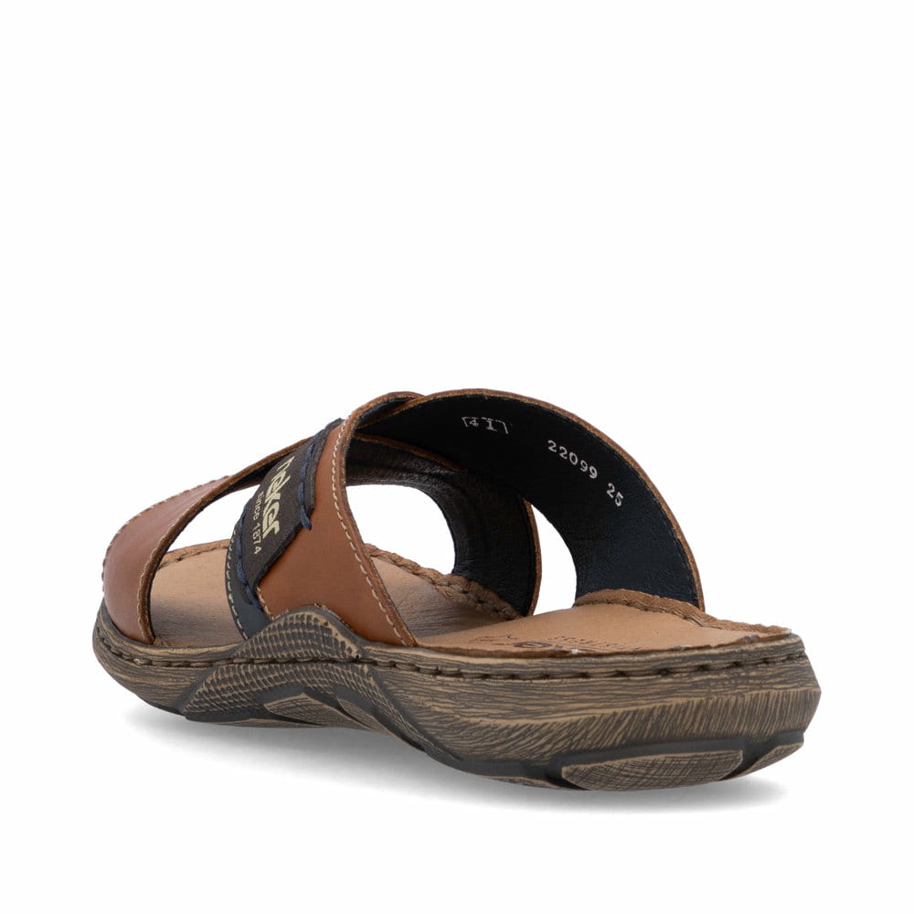 Braune Rieker Herren Pantoletten 22099-25 mit der Komfortweite G 1/2. Schuh von hinten.
